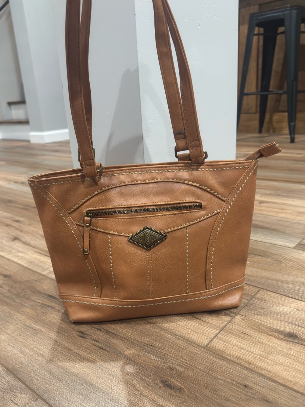 B.O.C Boho Vibe Casual Brown Stitched Vinyl Tote Bag